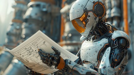 Aufkleber - A robot is holding a piece of paper and looking at it. The robot is wearing a white helmet and has a yellow visor. The robot appears to be focused on the paper, possibly reading or studying it