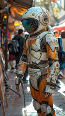 Aufkleber - A man in a white and orange space suit stands on a sidewalk. The man is wearing a helmet and has a robotic arm. The scene is set in a busy city street with people walking around