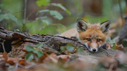 Wall Mural - A small red fox is laying on a log in the woods