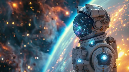 Poster - A space suit astronaut stands in front of a planet with a bright blue sky. The astronaut is wearing a helmet and has a bright blue helmet