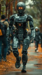 Aufkleber - A robot is walking down a path with people behind it. The robot is wearing a black suit and has a menacing look on its face. The people behind the robot are carrying backpacks
