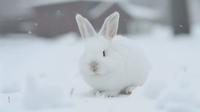 white funny fluffy rabbit in the snow. 
