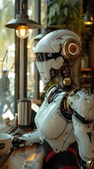 Aufkleber - A robot is sitting at a bar with a cup in front of it. The robot is white and has a metallic appearance. The bar has a vintage feel to it, with a potted plant in the background