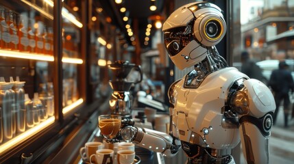 Aufkleber - A robot is serving coffee to a person in a coffee shop. The robot is white and has a metallic appearance. The scene is set in a busy coffee shop with other people and objects in the background