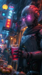 Poster - A robot is holding a glass of red liquid. The robot is standing in front of a neon sign with Chinese characters on it. The robot is wearing a scarf and he is in a futuristic setting