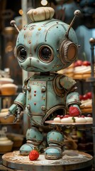 Aufkleber - A robot is holding a tray of food, including a strawberry. The robot is small and has a blue and silver color scheme