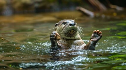 Wall Mural - A small otter is swimming in a body of water