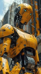 Leinwandbilder - A robot in a yellow suit stands in front of a building. The robot is yellow and has blue eyes