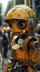 Aufkleber - A robot with a yellow helmet and headphones stands in front of a crowd of people. The robot appears to be a part of a science fiction event or a futuristic theme