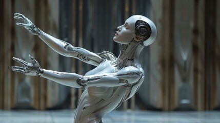 Aufkleber - A robot with a human face is reaching out. The robot is made of metal and has a robotic arm