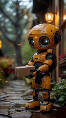 Poster - A robot is holding a cardboard box. The robot is yellow and has a black face. The robot is standing on a wet sidewalk