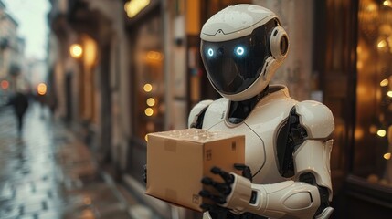 Aufkleber - A robot is holding a box in a city street. The robot is white and has blue eyes. The scene is set in a city at night, with lights illuminating the street