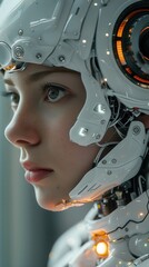 Aufkleber - A woman in a white robot suit with a yellow light on her head. The woman has a serious expression on her face