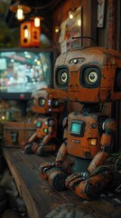 Fototapete - Three robots are sitting on a bench, one of which is orange. The scene is set in a dimly lit room with a television in the background. The robots appear to be old and worn