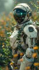Poster - A robot is standing in a field of flowers. The robot is white and has a green helmet. The scene is peaceful and serene