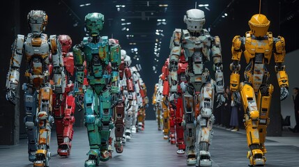 Aufkleber - A group of robots are walking down a hallway. The robots are of different colors and sizes. The robots are walking in a line, and they are all facing the same direction