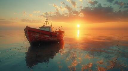 A boat is floating in the ocean with the sun setting in the background. The scene is serene and peaceful, with the boat being the only object in the water