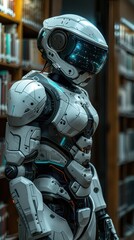 Aufkleber - A robot is standing in a library with a book in its hand. The robot is wearing a white suit and has a blue helmet. The robot appears to be a character from a science fiction story