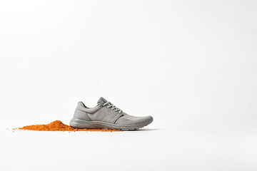 Wall Mural - Grey Sneaker on White Background with Orange Powder