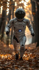 Poster - A man in a white spacesuit is running through a forest. The suit has a digital clock on the front