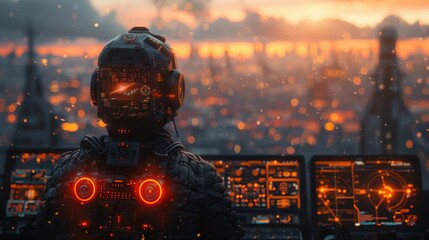 Poster - A man in a black suit with red glowing buttons on his chest is looking out of a window. The city below is lit up with orange lights, creating a futuristic and industrial atmosphere