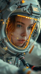 Poster - A woman in a space suit with a glowing helmet. The woman is looking at the camera. The image has a futuristic and sci-fi vibe