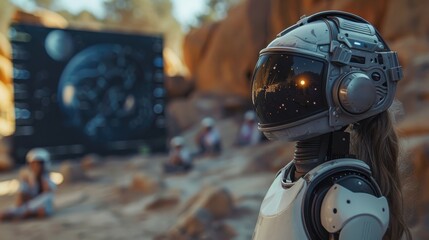Poster - A robot is standing in front of a group of people. The robot is wearing a helmet and is looking at the camera. The scene is set in a desert