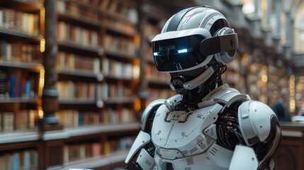Aufkleber - A robot is standing in a library with a book in its hand. The robot is wearing a white helmet and has a blue light on its head. The robot appears to be a robot from a science fiction movie