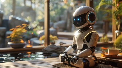 Aufkleber - A robot is sitting on a cushion in a room with a potted plant. The robot is wearing a white helmet and he is meditating. The room has a peaceful and calming atmosphere