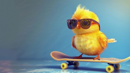 Wall Mural - Cool Cartoon Cute Bird with sun glasses on a skateboard.