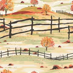 Poster - A black and white drawing of a rural landscape with a fence and trees