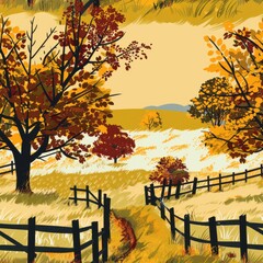 Poster - A painting of a field with trees and a fence. The mood of the painting is peaceful and serene