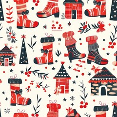 Poster - A pattern of red and black shoes and houses with a Christmas tree in the background. The shoes are in various sizes and styles, and the houses are in different shapes and sizes