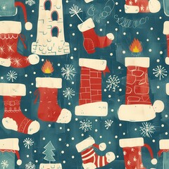 Poster - A blue and white Christmas pattern with red and white stockings and red and white hats. The pattern is made up of various shapes and sizes of stockings and hats