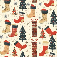 Poster - A pattern of red and white shoes and trees with a brick chimney. The shoes are all different sizes and styles, and the trees are all different shapes and sizes. Scene is festive and cheerful