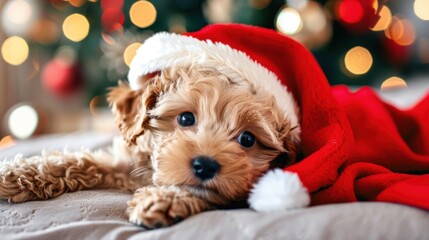 Poster - A small dog is wearing a red Santa hat and laying on a bed. The dog appears to be relaxed and comfortable in its festive attire