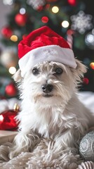 Poster - A white dog wearing a red Santa hat is laying on a bed next to a Christmas tree. The dog is surrounded by various ornaments, including a red ball and a silver ball. The scene conveys a festive