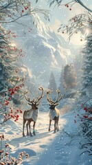 Poster - Two deer are walking through a snowy forest. The scene is peaceful and serene, with the snow-covered trees and the deer's antlers glistening in the sunlight. Concept of calm and tranquility