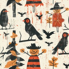 Poster - A Halloween themed drawing of birds and scarecrows. The birds are black and the scarecrows are orange and black