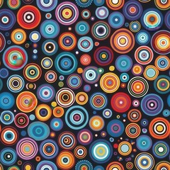 Poster - This image features a seamless pattern of colorful concentric circles on a black background. The circles are of varying sizes and colors, creating a visually stimulating and dynamic design. The patter