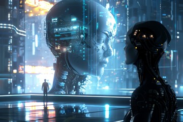 Poster - A Digital Awakening: A Futuristic Encounter in a Neon City. Generative AI