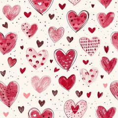 Poster - This image features a seamless pattern of hand-drawn hearts in various shades of red and pink on a white background. The hearts are different sizes and have various textures and patterns, creating a p