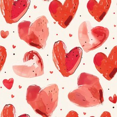 Aufkleber - This image is a seamless pattern of watercolor painted red hearts on a white background. The hearts are of varying sizes and shapes, with some having a more defined outline than others. The overall ef