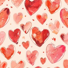 Aufkleber - A seamless pattern background featuring hand drawn watercolor red hearts in various shades and sizes. The background is a light cream color, creating a simple and elegant design. The hearts are painte