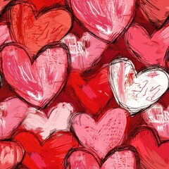 Aufkleber - This digital illustration features a seamless pattern of abstract hearts in shades of red and pink. The hearts are painted with a brushstroke effect and appear to overlap and intertwine, creating a dy