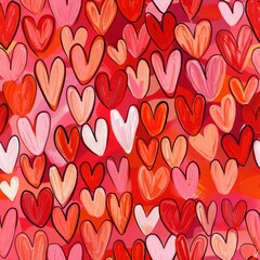 Poster - This vibrant digital artwork features a seamless pattern of hand-painted hearts in various shades of red, pink, and white. The hearts are arranged in a random, overlapping pattern, creating a dynamic 