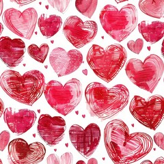 Poster - This image showcases a seamless pattern of hand-drawn hearts in various shades of red and pink, rendered in a watercolor style. The hearts are overlapping and scattered across a white background, crea