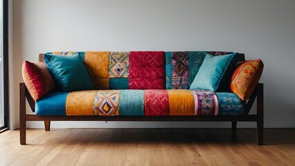 Ethnic, bohemian, modern living room, home minimal interior design. Against the window is a colorful patchwork sofa.
