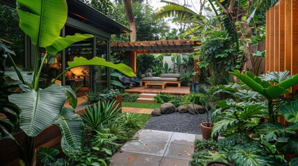 Poster - A lush green garden with a patio area and a wooden deck. The garden is filled with various plants and trees, including a large palm tree