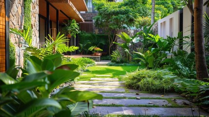 Poster - A lush green garden with a stone path leading to a house. The garden is well-maintained and has a peaceful, serene atmosphere